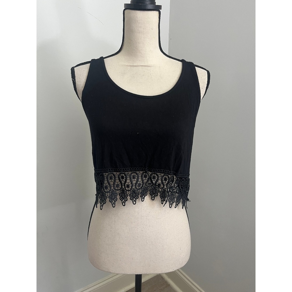 Black‎ Crochet Lace Trim Tank Top Small Racerback Cropped Boho Chic Festival Y2K